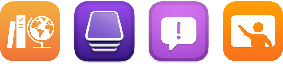 Icons representing AppleSeed for IT program features: documentation, device testing, feedback, and community support
