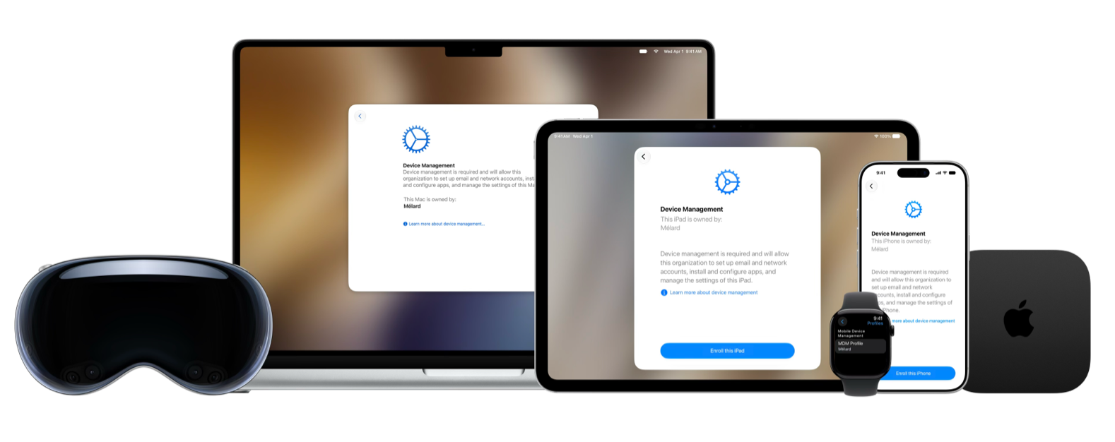 A series of Apple devices showing Device Management on screen